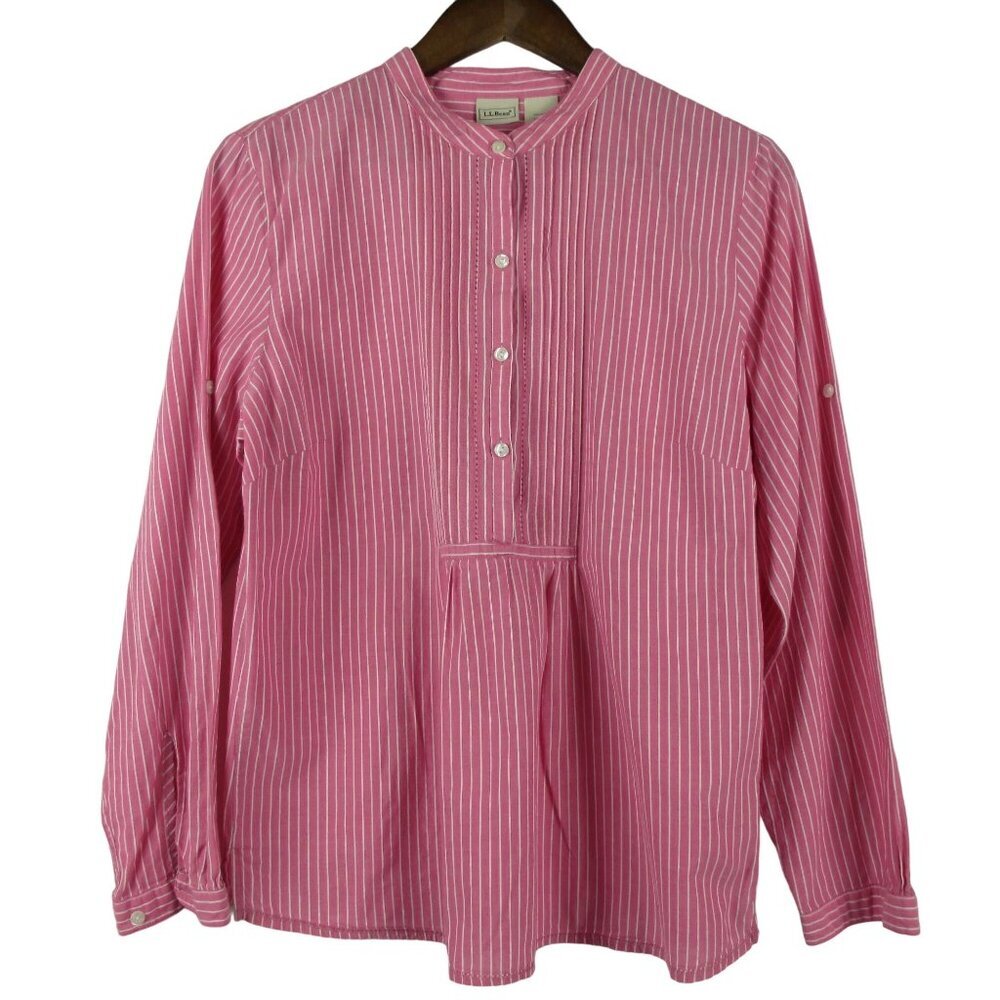 L.L. Bean Pink Shirt Stripe Pintuck Pleats Cotton Top Size M Feminine Casual